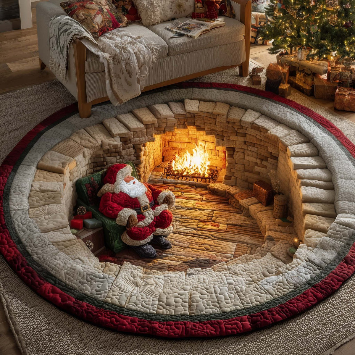 Festive Santa Christmas Round Mat Rug - washable non-slip printed rug
