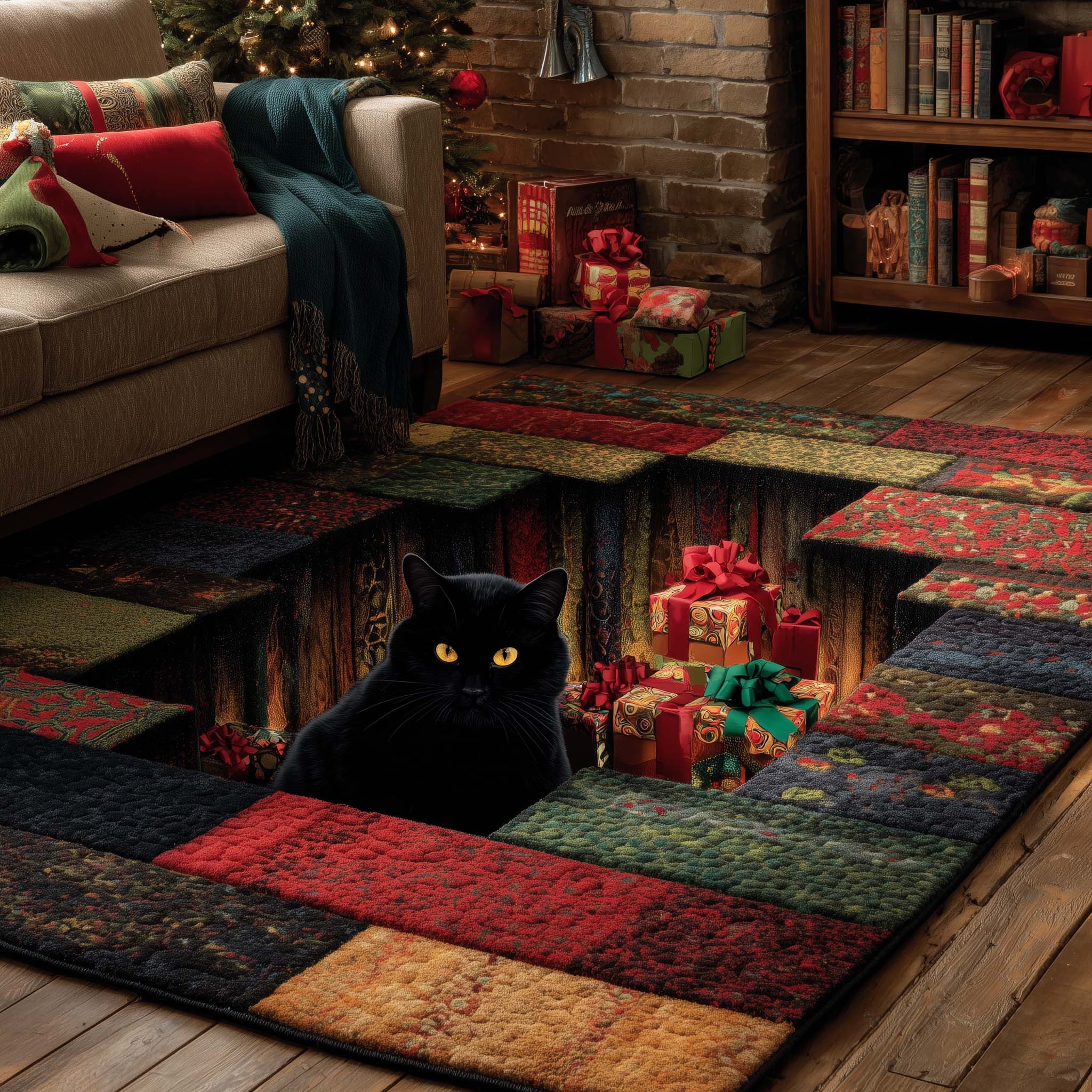 Festive Shadow Paws area rug in a living room
