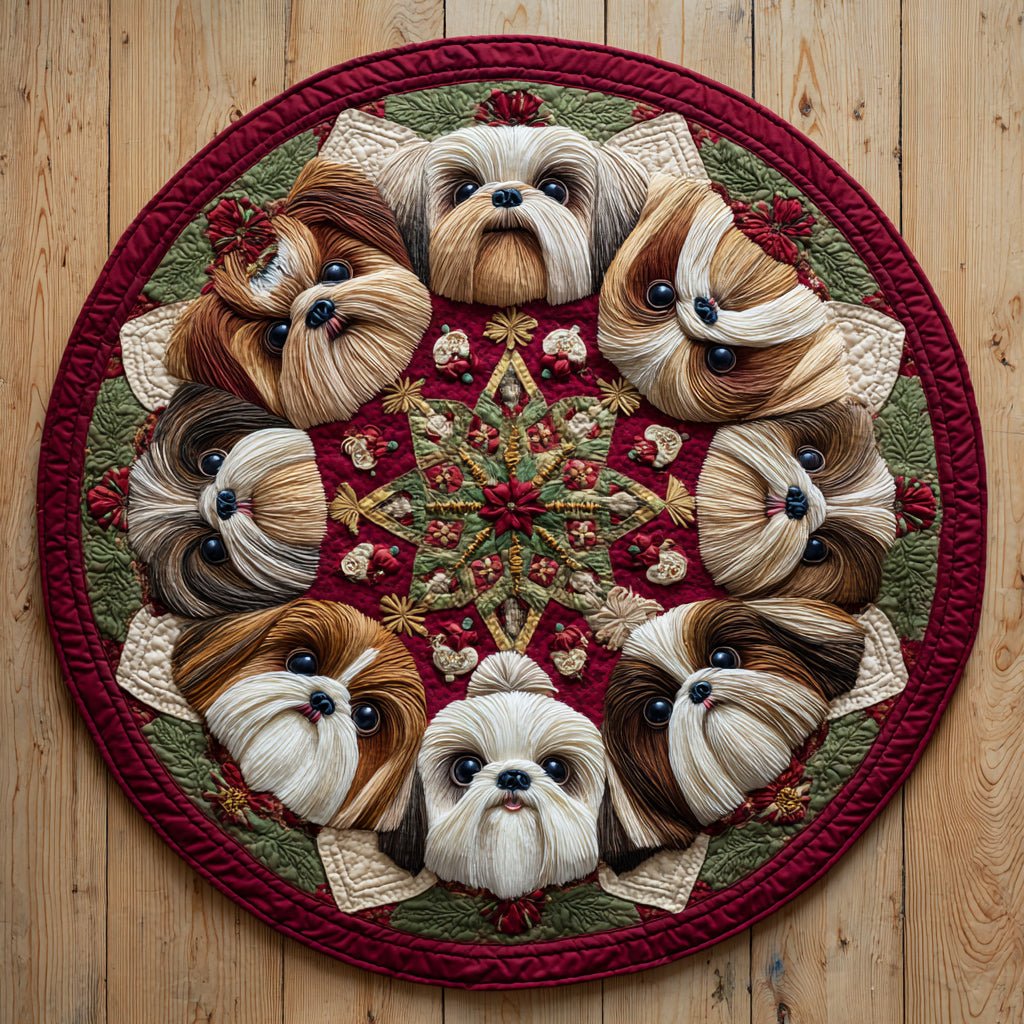 Festive Shih Tzu Round Mat Rug - washable non-slip printed rug