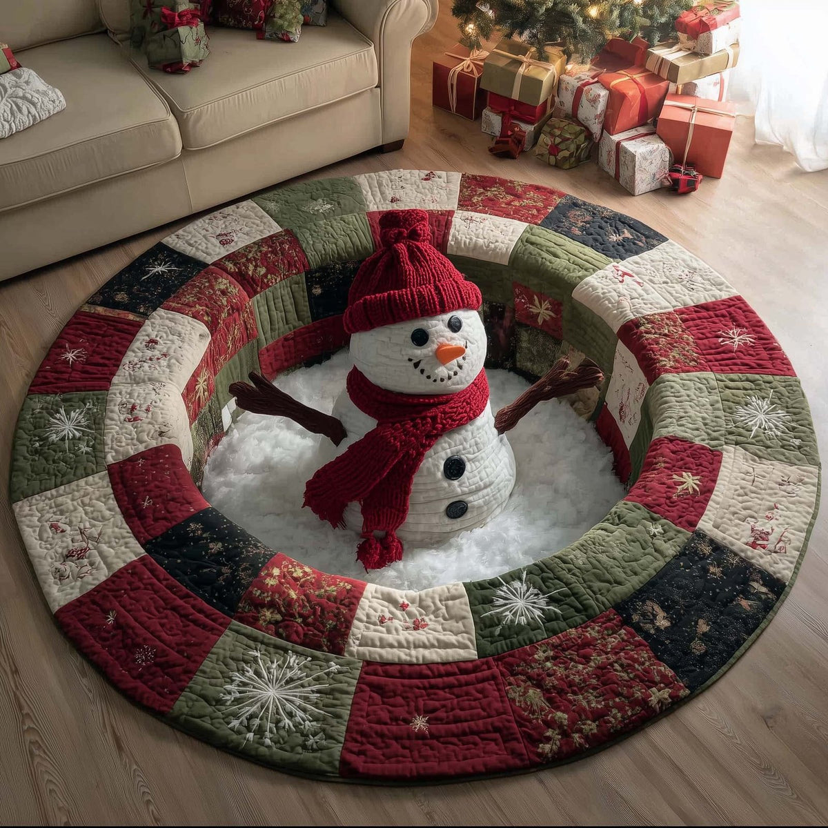 Festive Snowman Round Mat Rug - washable non-slip printed rug