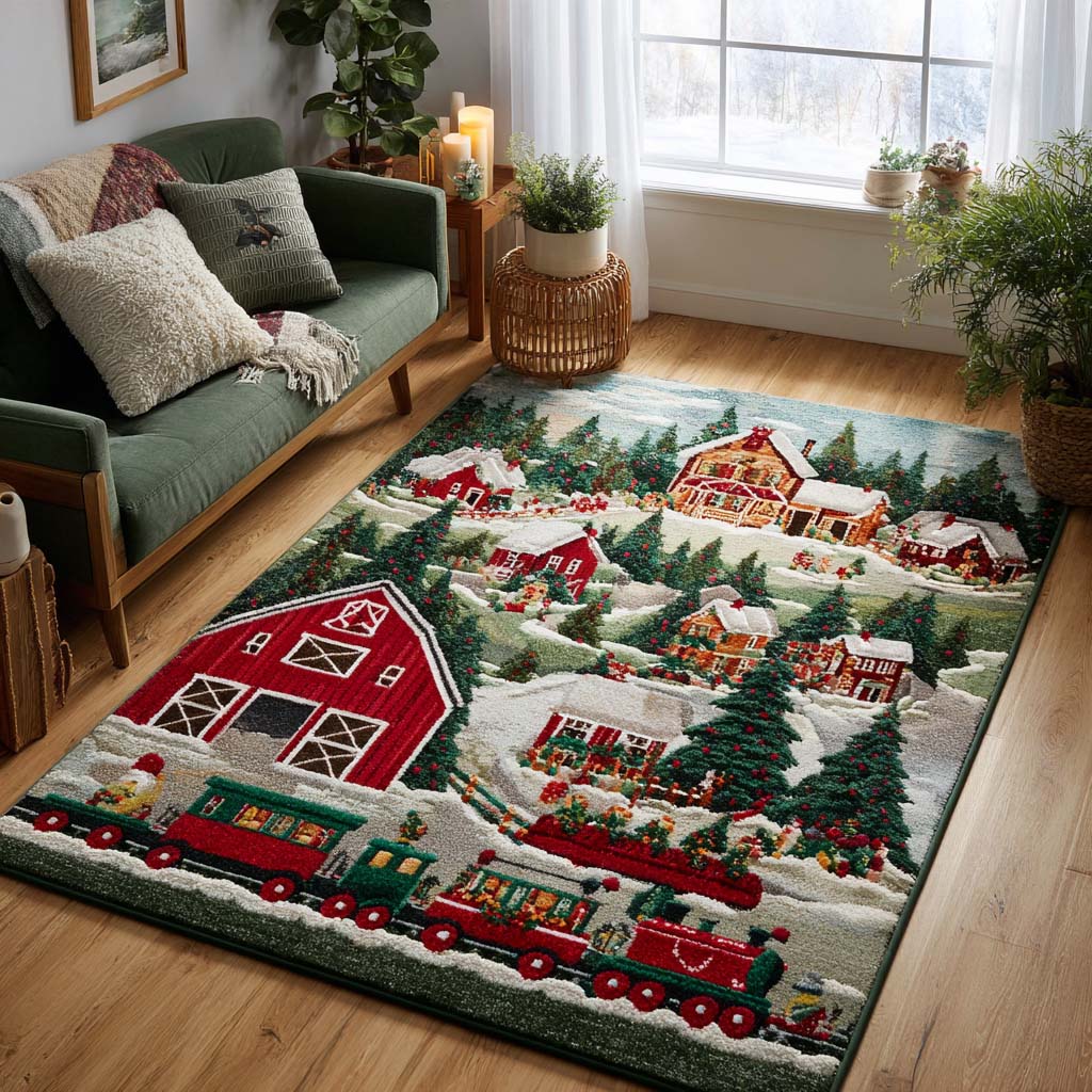 Festive Train area rug in a living room