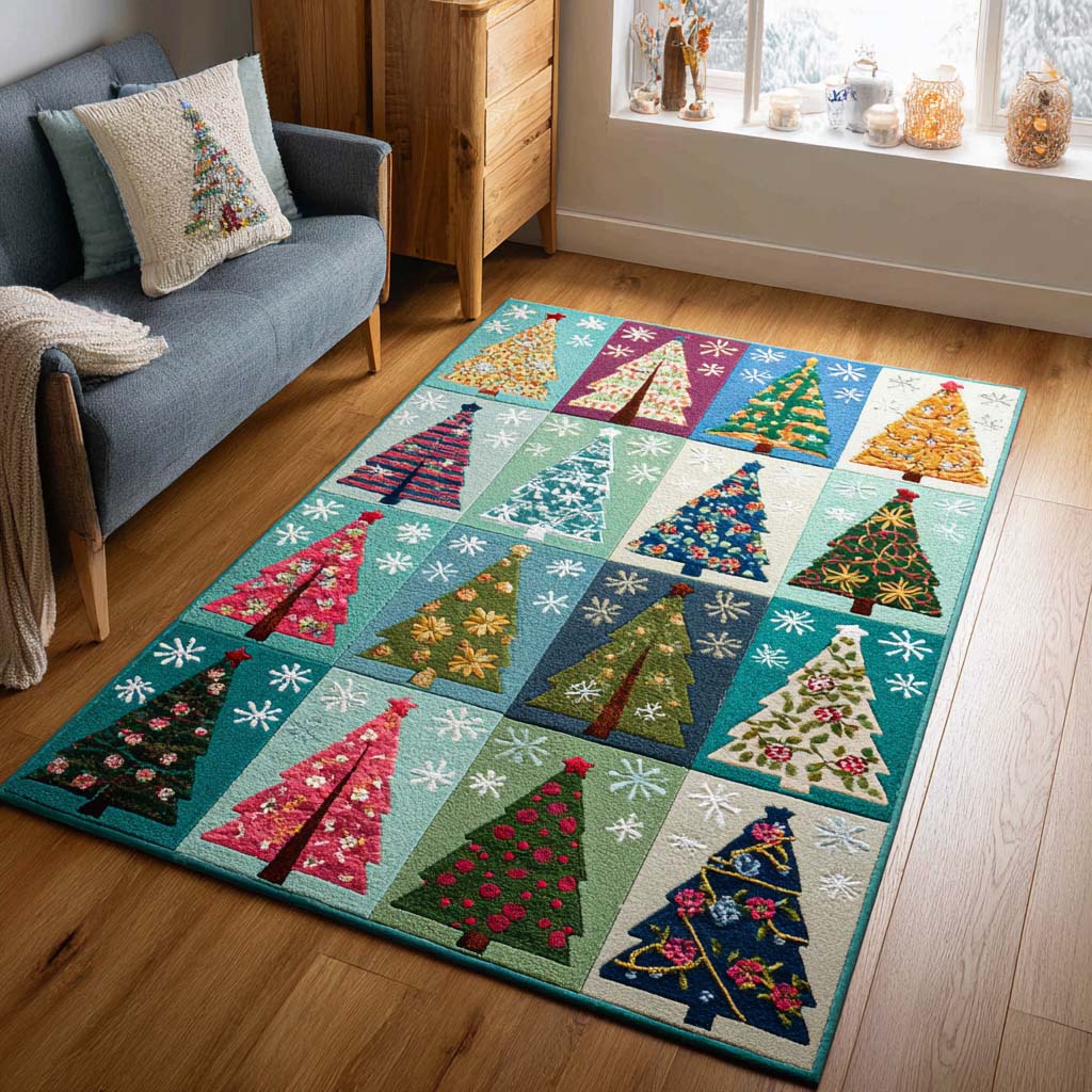 Festive Trees area rug in a living room