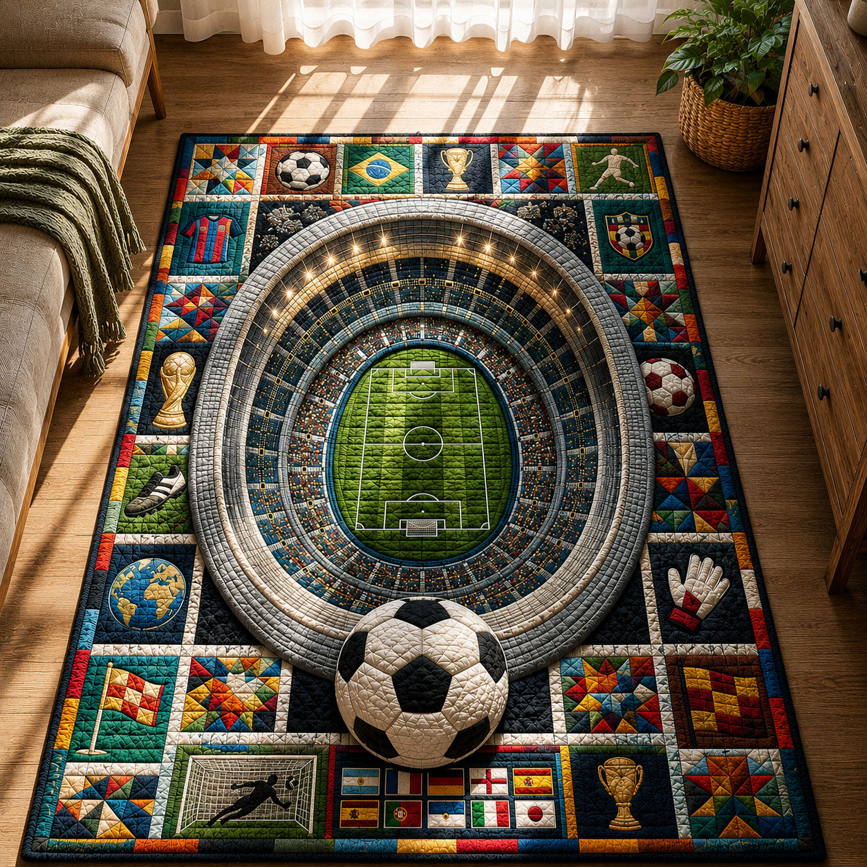 Field Split Stadium Portal area rug in a living room