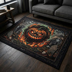 Fiery Cemetery Pumpkin area rug in a living room