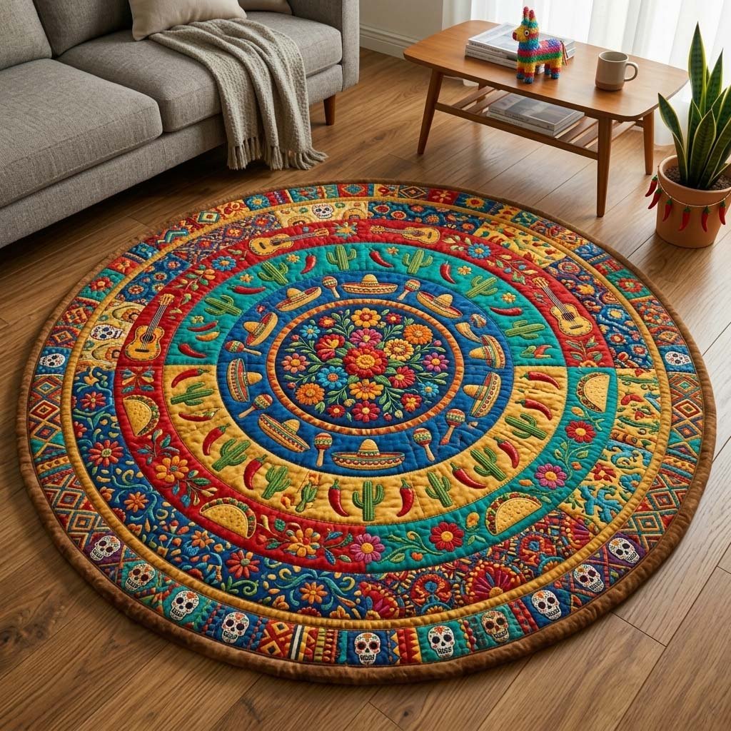Fiesta Bloom Circle Round Mat Rug - washable non-slip printed rug