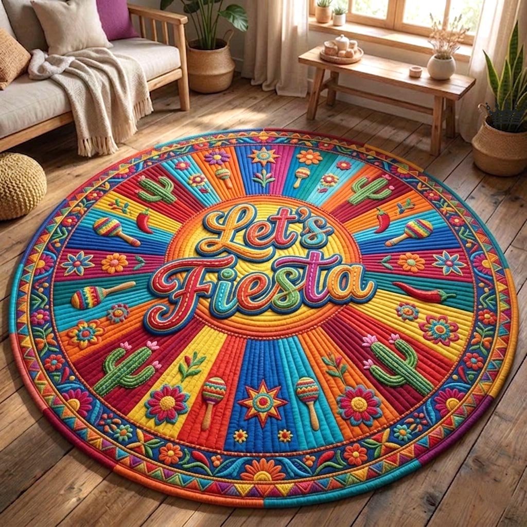 Fiesta Celebration Round Mat Rug - washable non-slip printed rug
