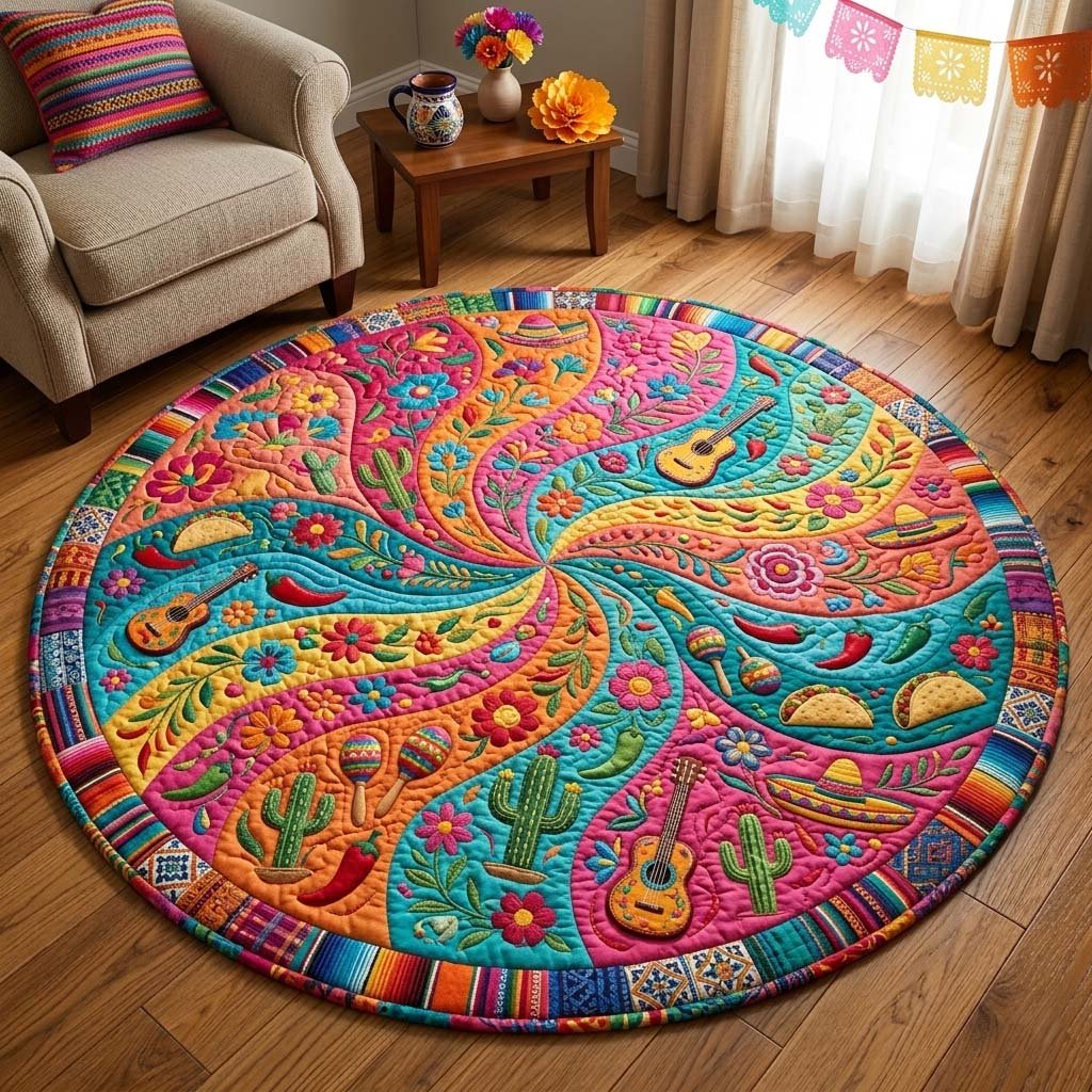 Fiesta Guitar Circle Round Mat Rug - washable non-slip printed rug