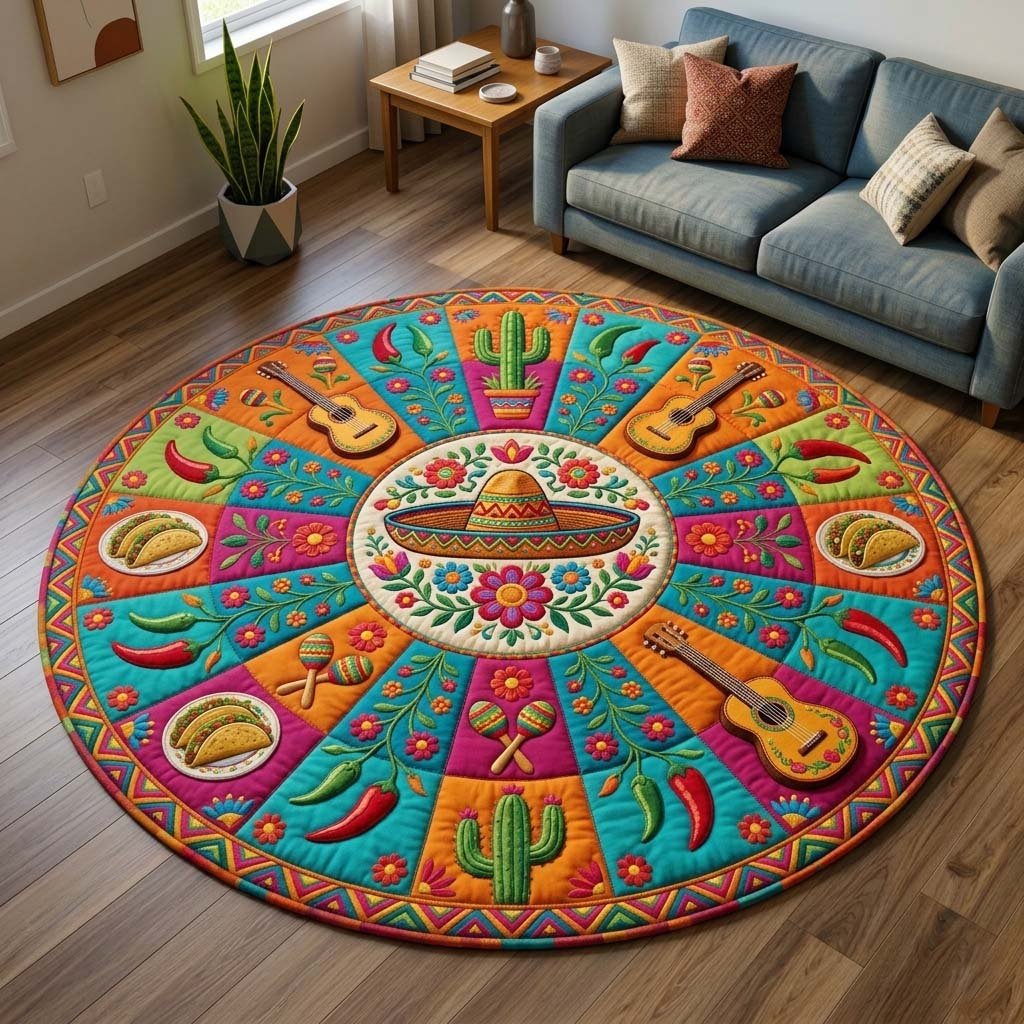Fiesta Swirl Garden Round Mat Rug - washable non-slip printed rug