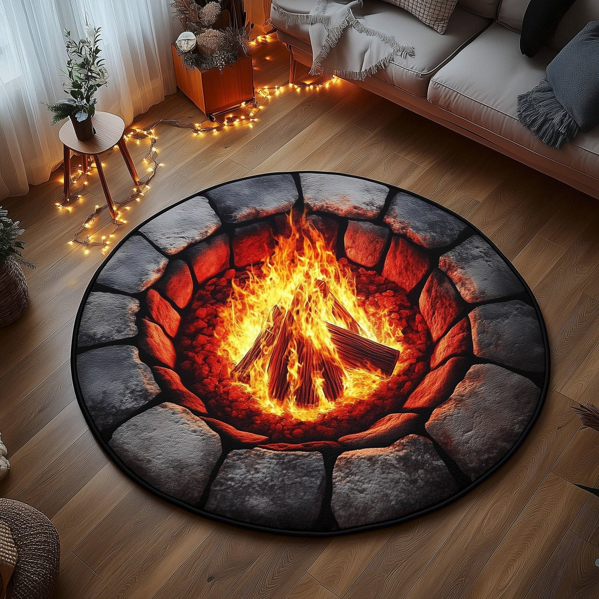 Fire Pit Round Mat Rug - washable non-slip printed rug