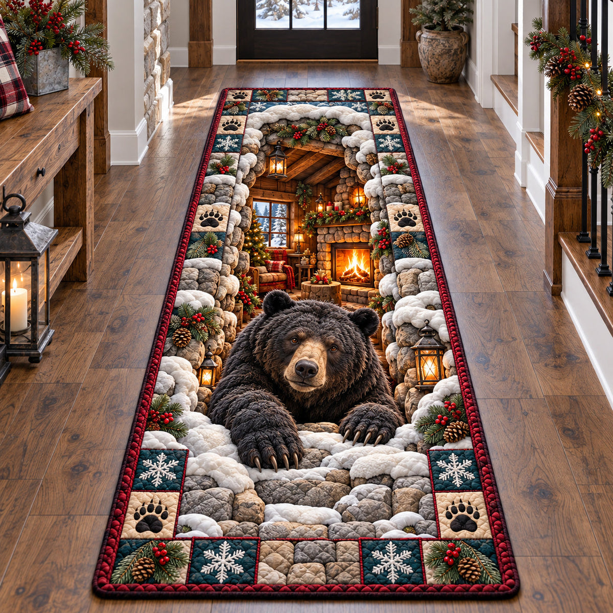 Fireside Bear Den Runner Rug - Cute Animal Design | Charming Runner Rug - washable non-slip printed rug