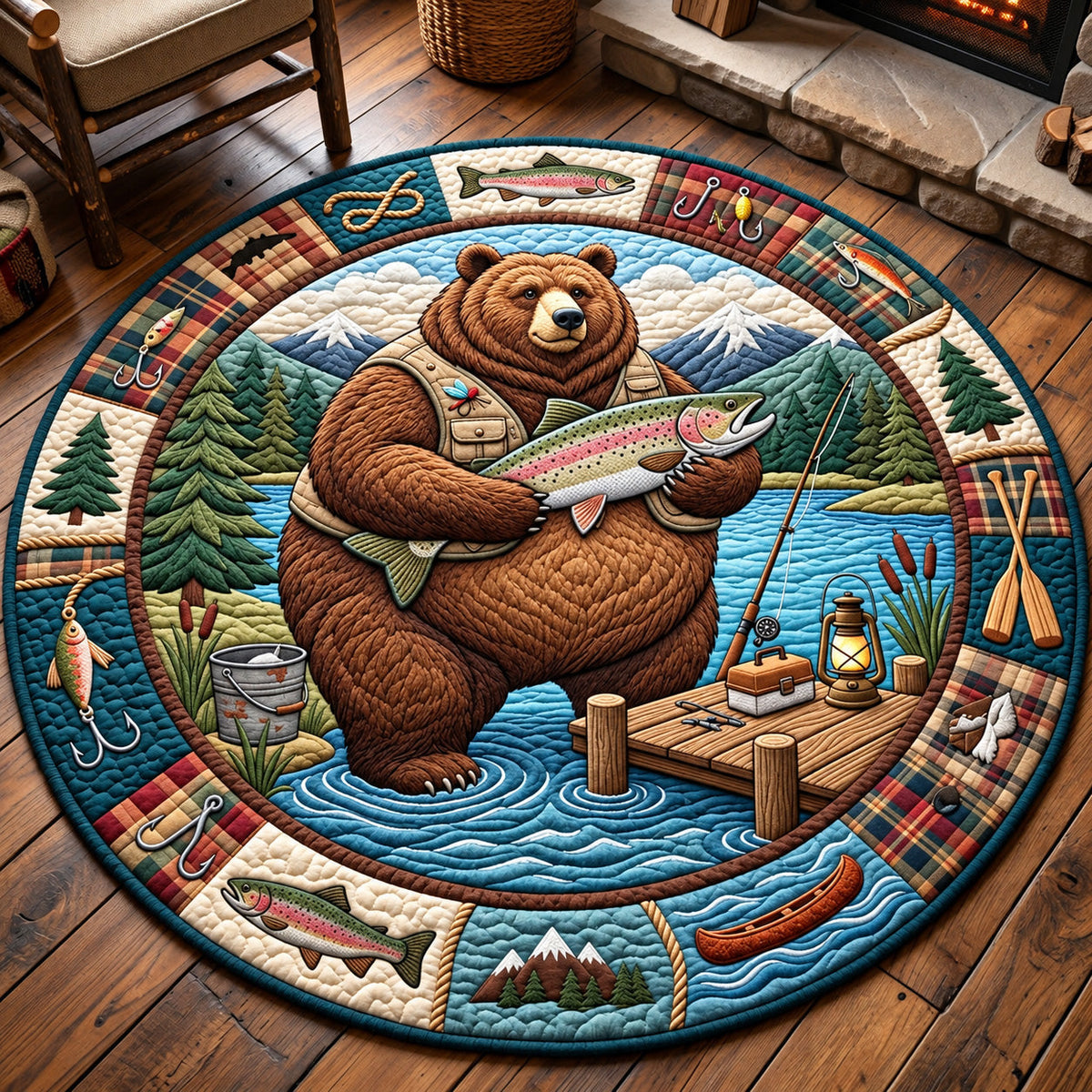 Fishing Bear Round Mat Rug - Cute Animal Design | Charming Home Decor - washable non-slip printed rug