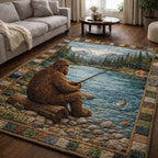 Fishing Sasquatch area rug in a living room