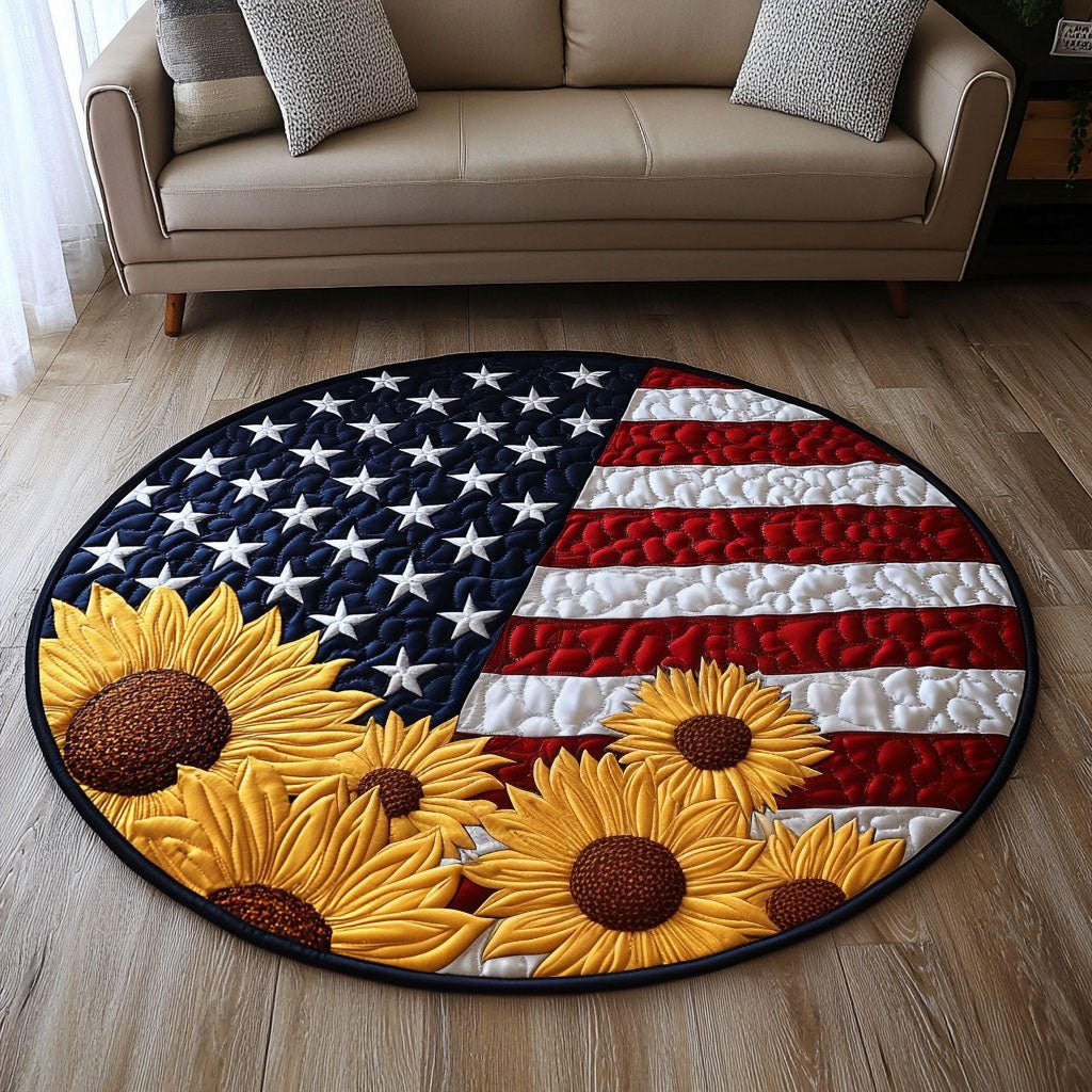 Flag with Sunflowers Round Mat Rug - washable non-slip printed rug