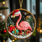 Flamingo Snow Scene Circle Christmas Ornament