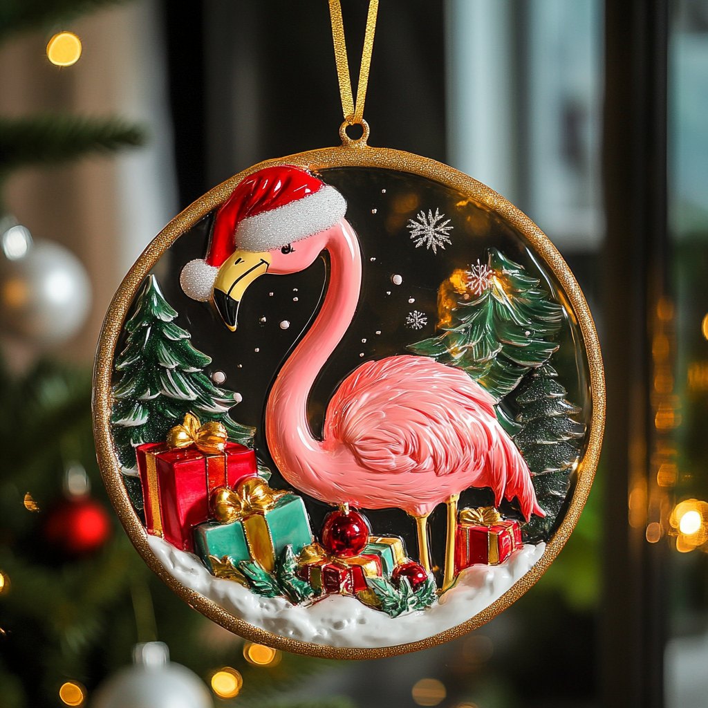 Flamingo Snow Scene Circle Christmas Ornament