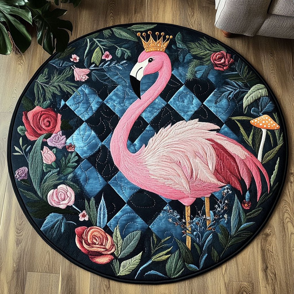 Flamingo Royalty Round Mat Rug - washable non-slip printed rug