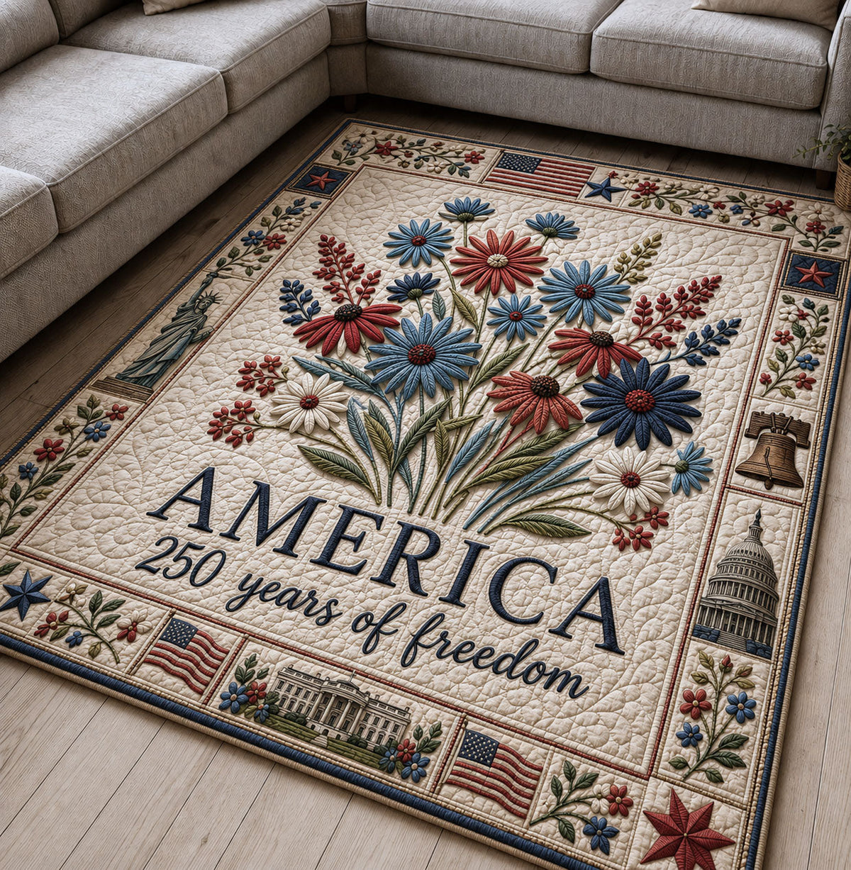 Floral America 250 area rug in a living room