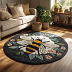 Floral Bee Round Mat Rug - washable non-slip printed rug