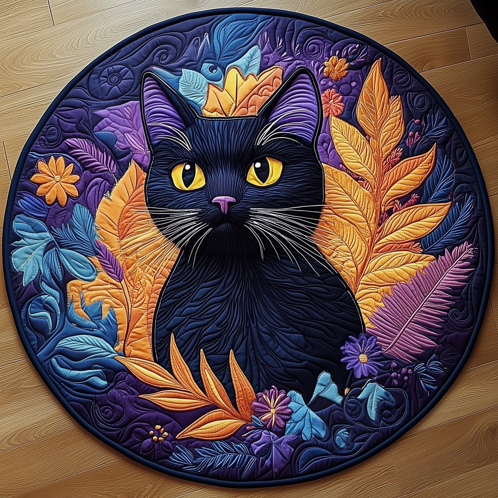Floral Black Cat Round Mat Rug - Cute Pet Design | Animal Printed Home Decor