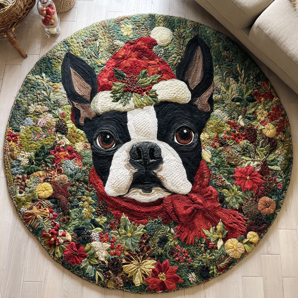 Floral Boston Terrier Round Mat Rug - Nature Design | Serene Home Decor