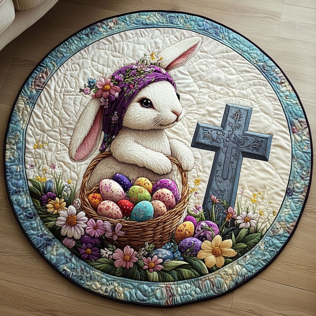 Floral Bunny Round Mat Rug - washable non-slip printed rug