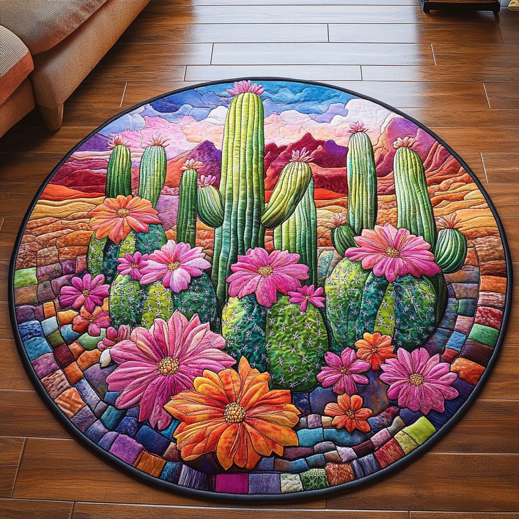 Floral Cactus Round Mat Rug - washable non-slip printed rug