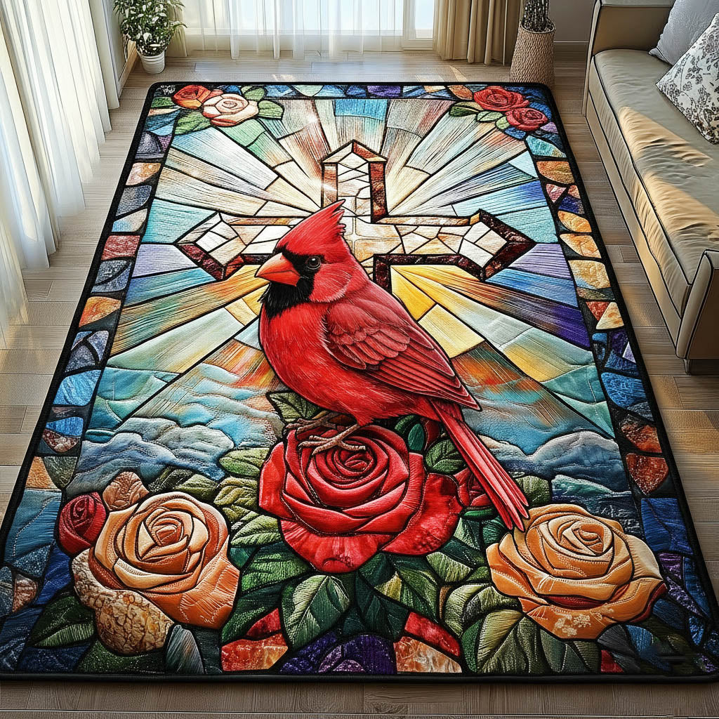 Floral Cardinals area rug in a living room