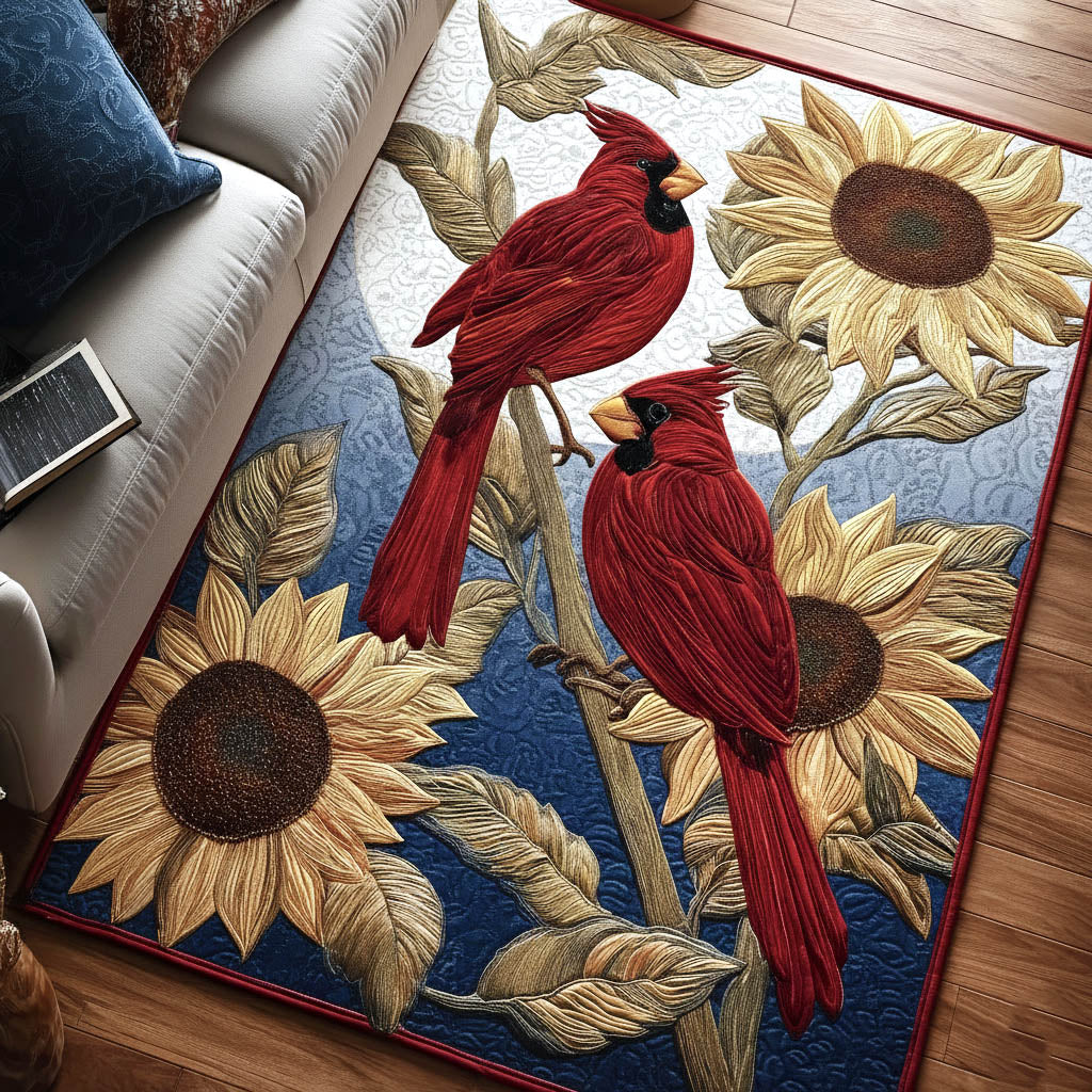 Floral Cardinals area rug in a living room