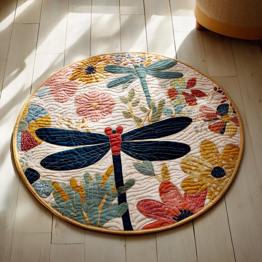 Floral Dragonfly Round Mat Rug - washable non-slip printed rug