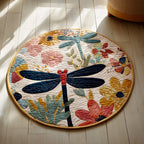 Floral Dragonfly Round Mat Rug - washable non-slip printed rug