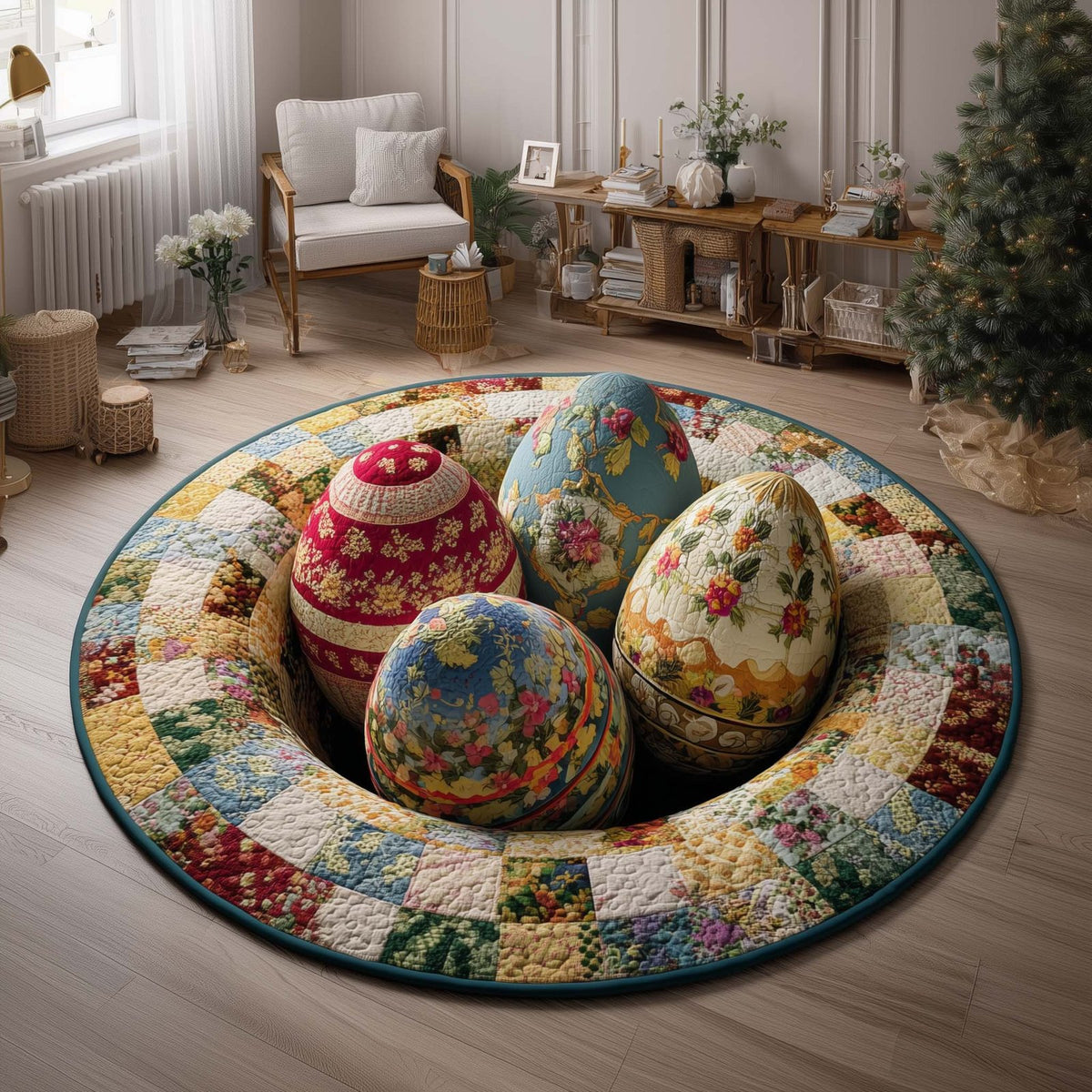 Floral Eggs Round Mat Rug - washable non-slip printed rug