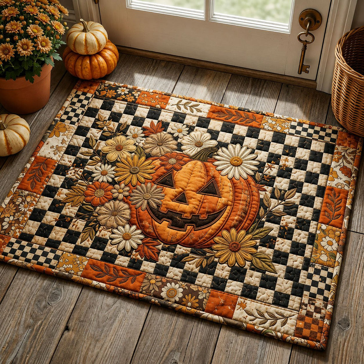 Floral Fall Pumpkin Doormat - Seasonal Holiday Design | Printed Welcome Doormat