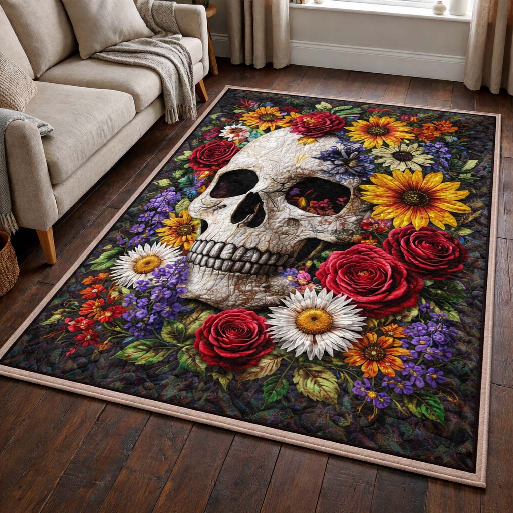 Floral Garden Skull area rug in a living room
