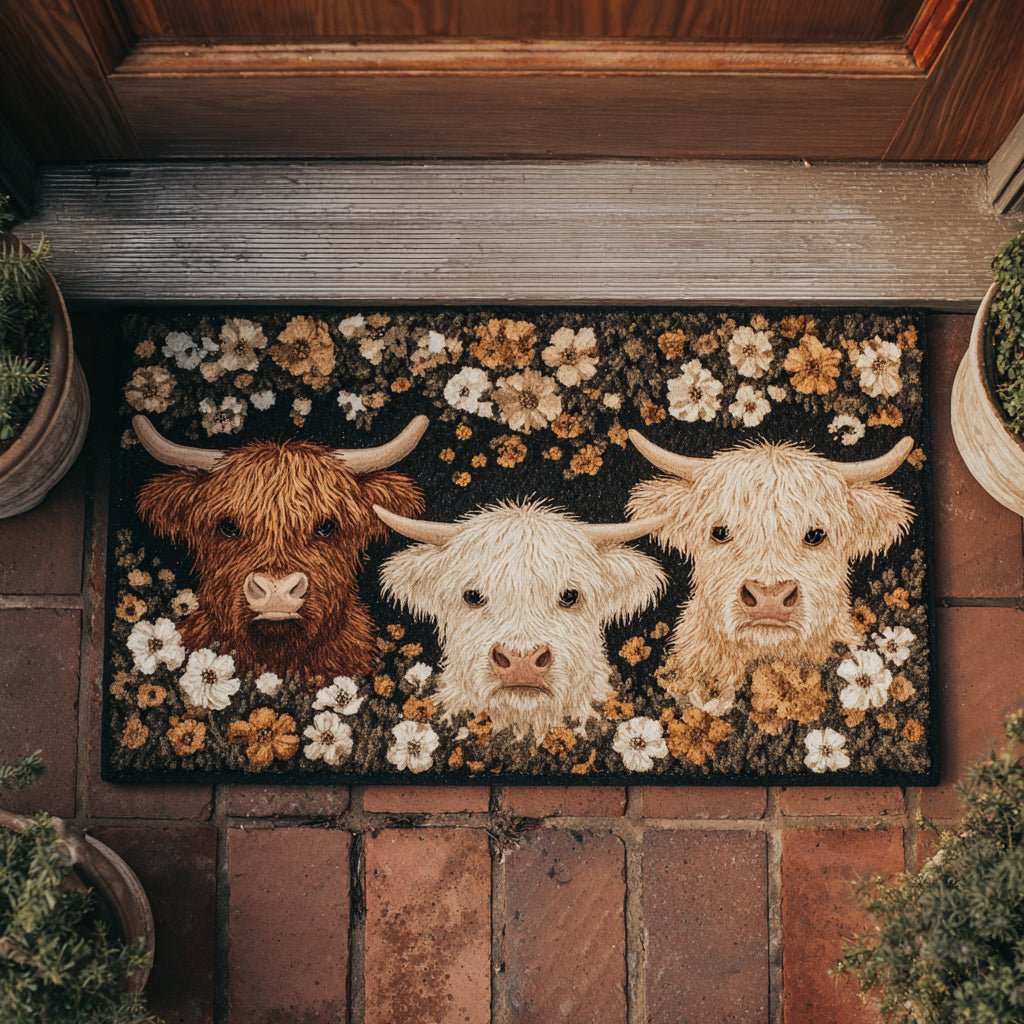 Floral Highland Cow Doormat - Nature Design | Printed Welcome Doormat