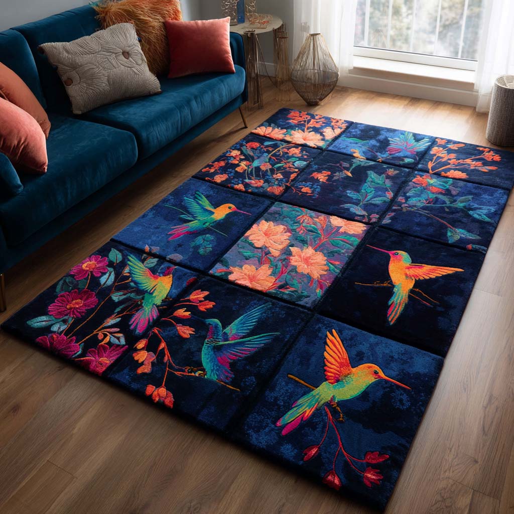 Floral Hummingbird area rug in a living room