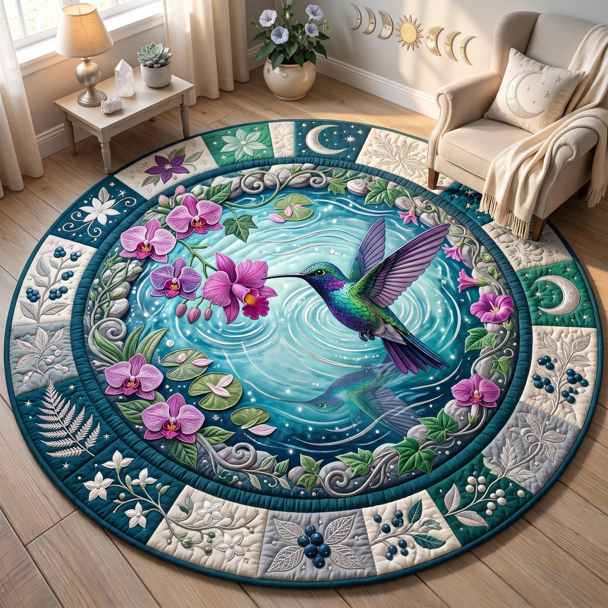 Floral Hummingbird Round Mat Rug - Cute Animal Design | Charming Home Decor - washable non-slip printed rug