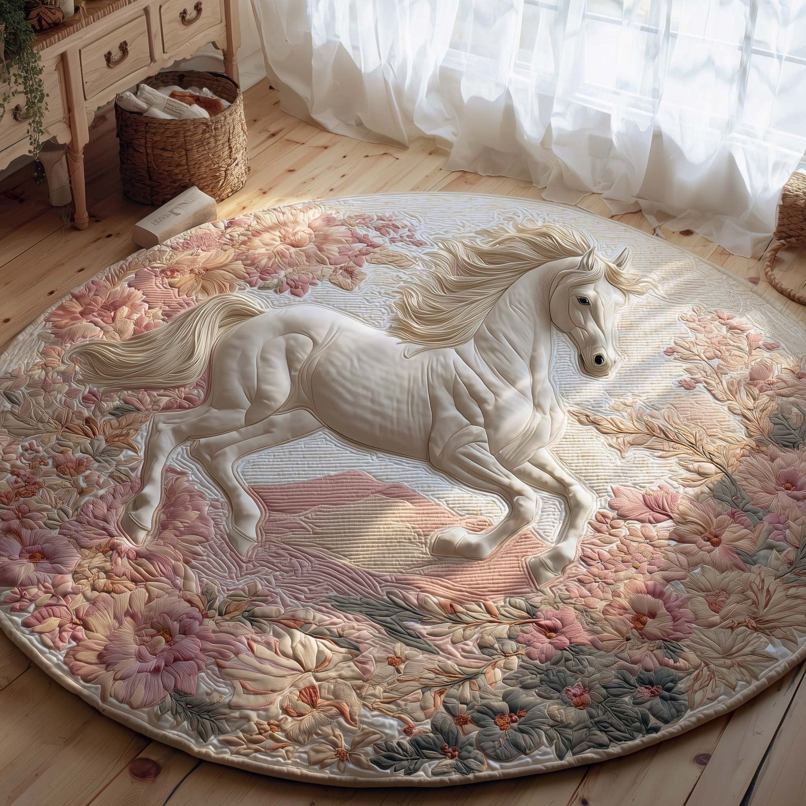 Floral Meadow Horse Round Mat Rug - Cute Pet Design | Animal Printed Home Decor