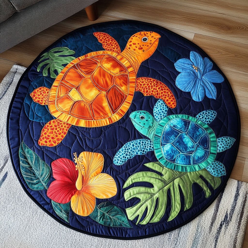 Floral Ocean Turtles Round Mat Rug - Cute Pet Design | Animal Printed Home Decor
