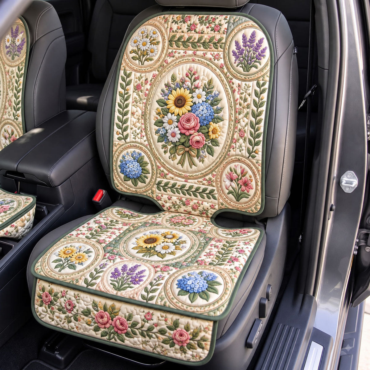 Sunflower Wreath Cream Patchwork quilted car seat protector
