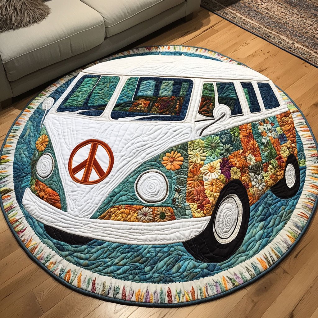 Floral Retro Van Round Mat Rug - washable non-slip printed rug