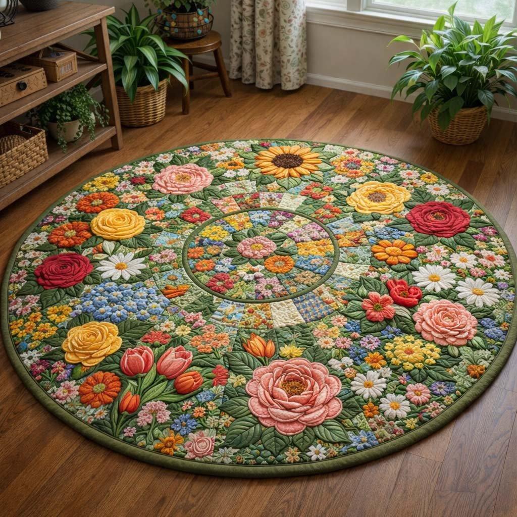 Floral Serenity Round Mat Rug - washable non-slip printed rug