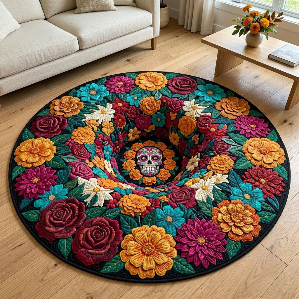 Floral Skull Round Mat Rug - Nature Design | Serene Home Decor - washable non-slip printed rug