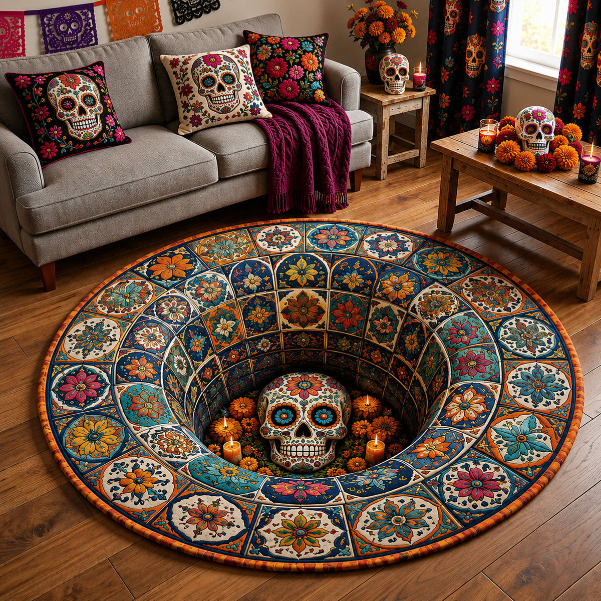 Floral Skull Tunnel Round Mat Rug - Nature Design | Serene Home Decor - washable non-slip printed rug