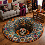 Floral Skull Tunnel Round Mat Rug - Nature Design | Serene Home Decor - washable non-slip printed rug