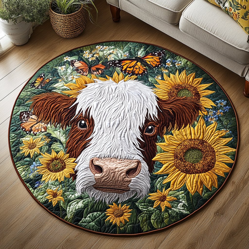 Floral Steer Round Mat Rug - washable non-slip printed rug