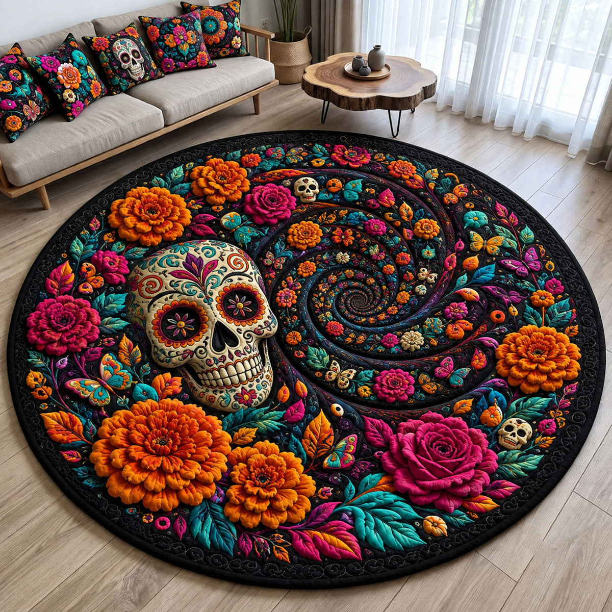 Floral Sugar Skull Spiral Round Mat Rug - Nature Design | Serene Home Decor - washable non-slip printed rug