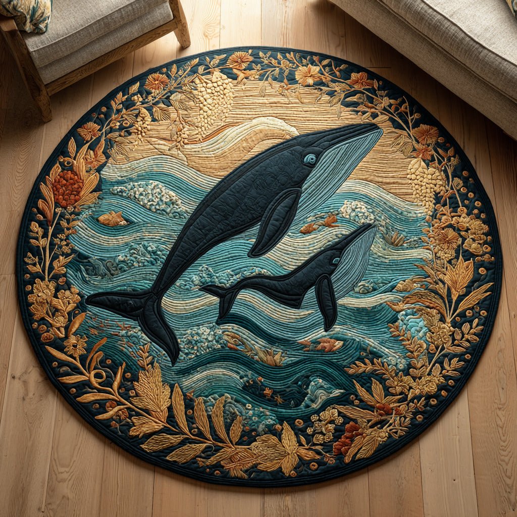 Floral Whale Round Mat Rug - washable non-slip printed rug