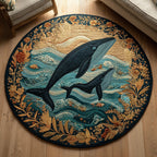 Floral Whale Round Mat Rug - washable non-slip printed rug