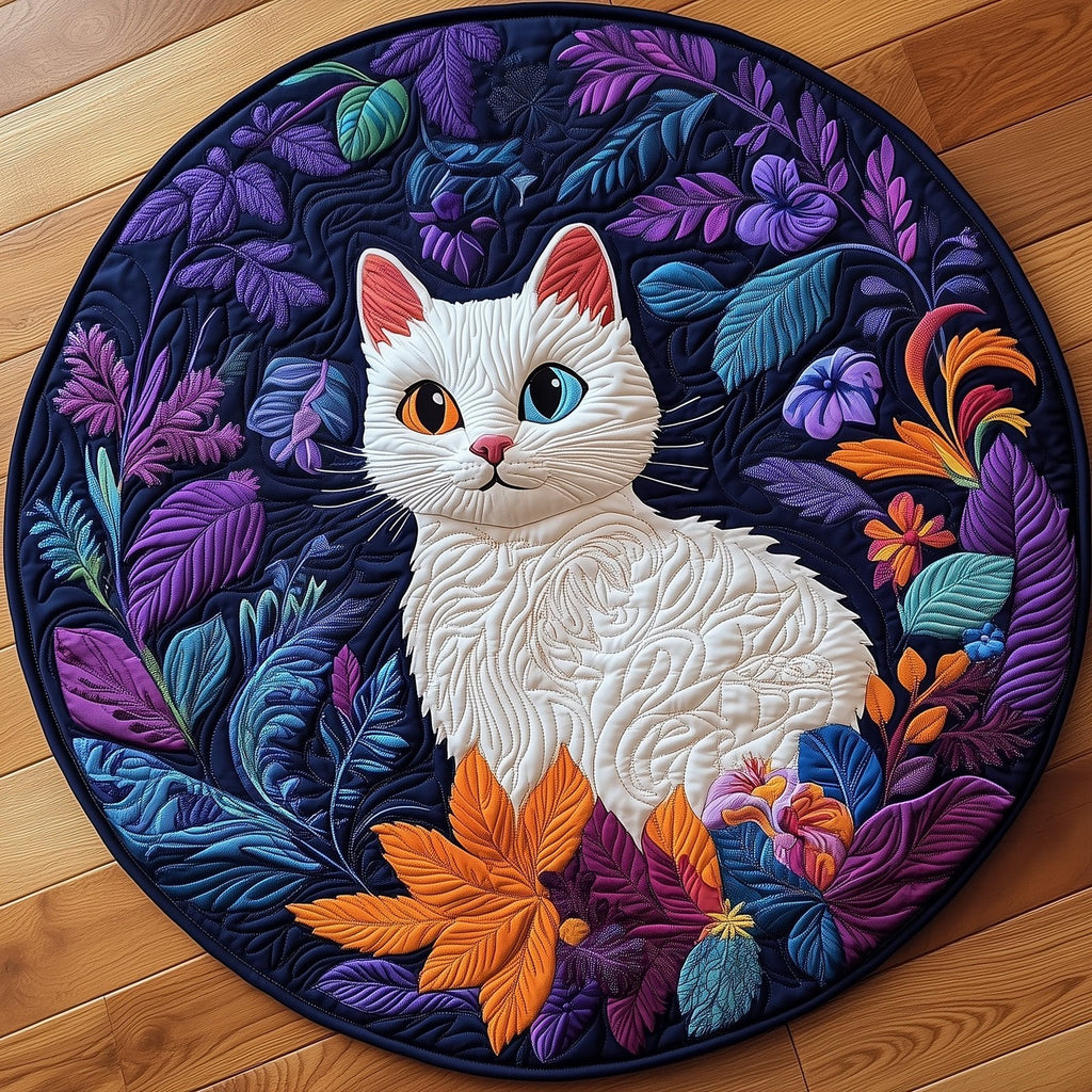 Floral White Cat Round Mat Rug - Cute Pet Design | Animal Printed Home Decor