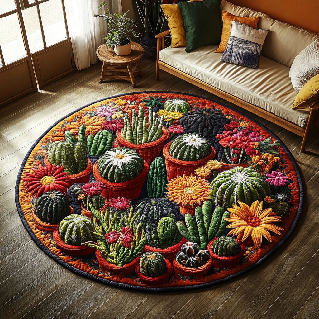 Flourishing Cactus Haven Round Mat Rug - washable non-slip printed rug